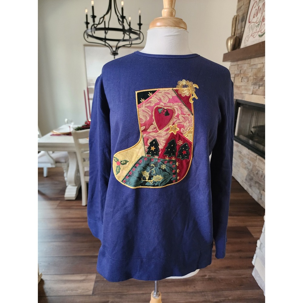 NWT Deadstock 90s Bobbie Brooks Navy Blue Christmas Stocking Sweatshirt Womens M